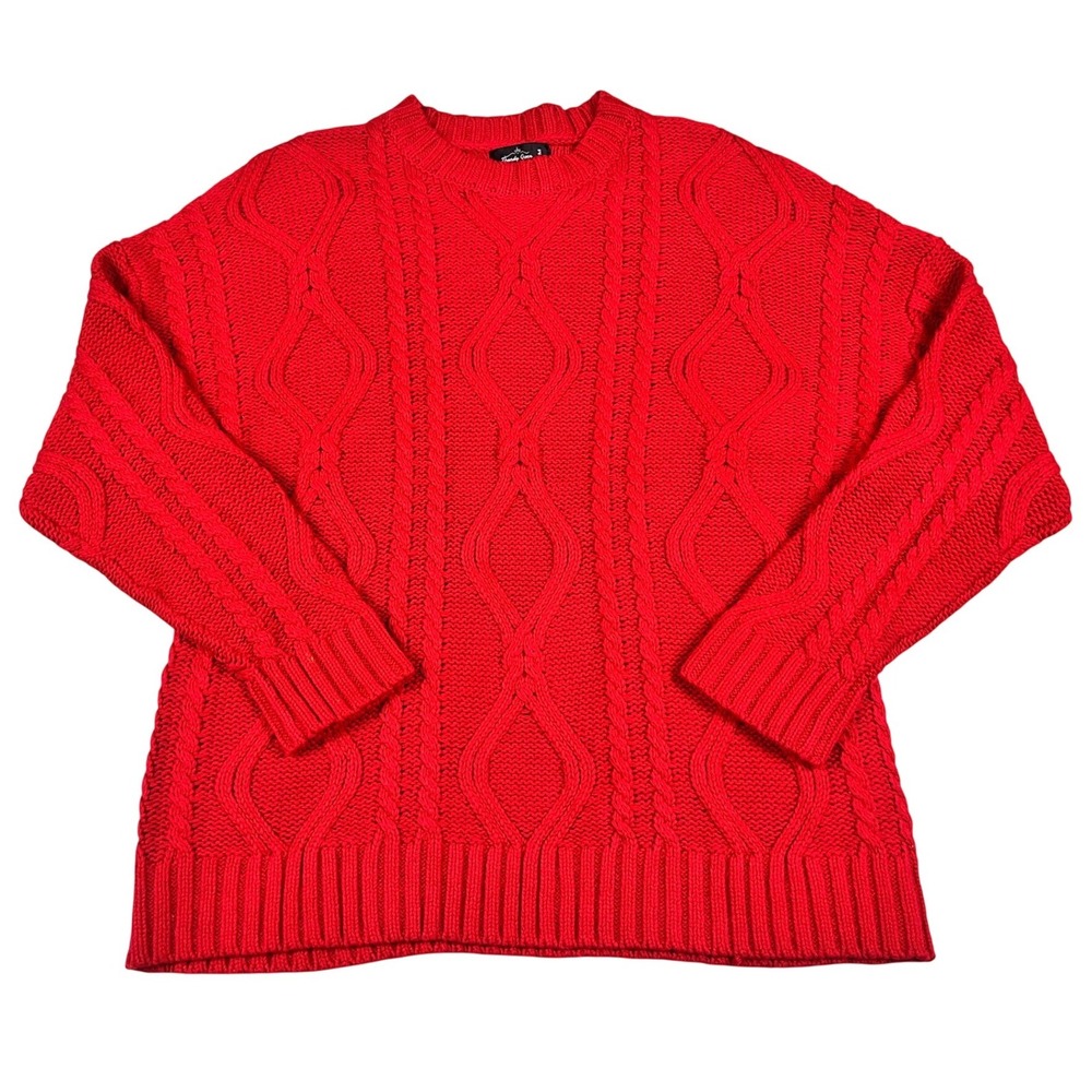 Trendy Queen Red Cable Knit Oversized Sweater Womens Medium Chunky Cotton‎ Cozy